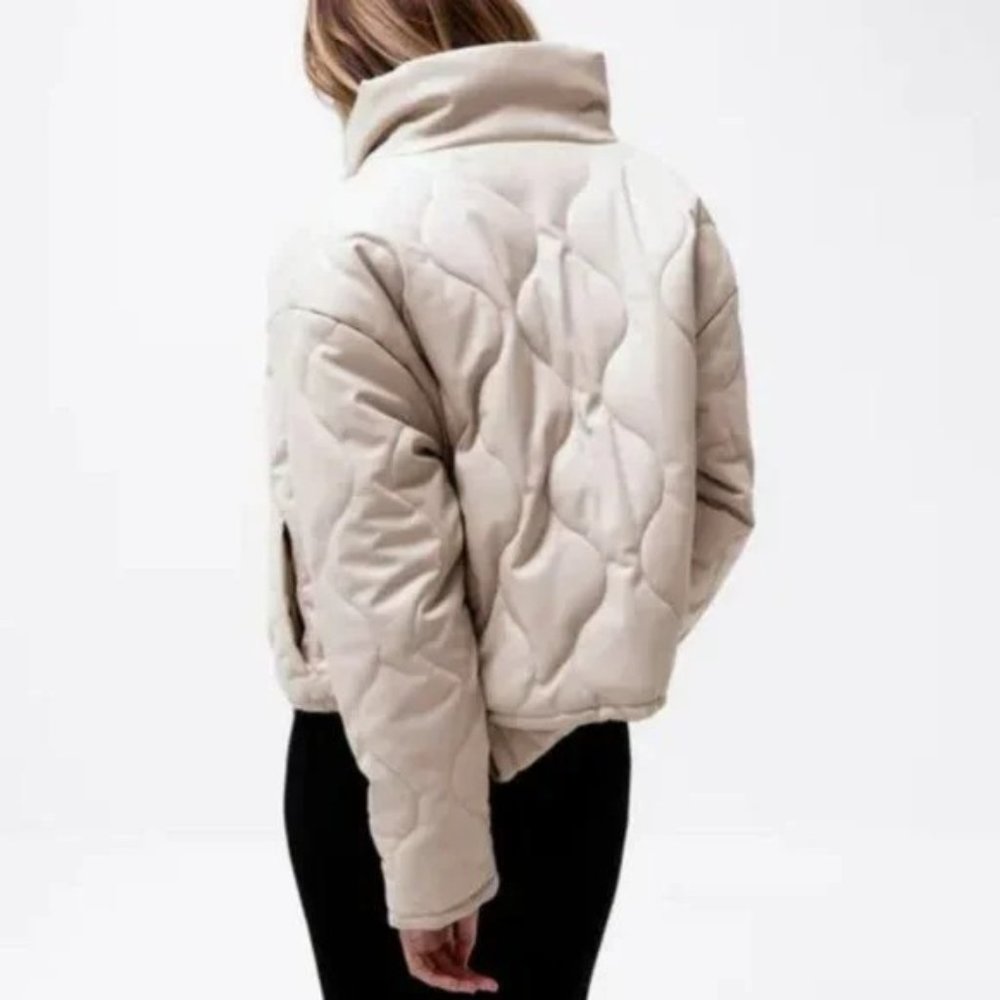 SOLD! NEW Zara Quilted Faux Ecru Leather High Neck Down Puffer Jacket Coat - Picture 2 of 9